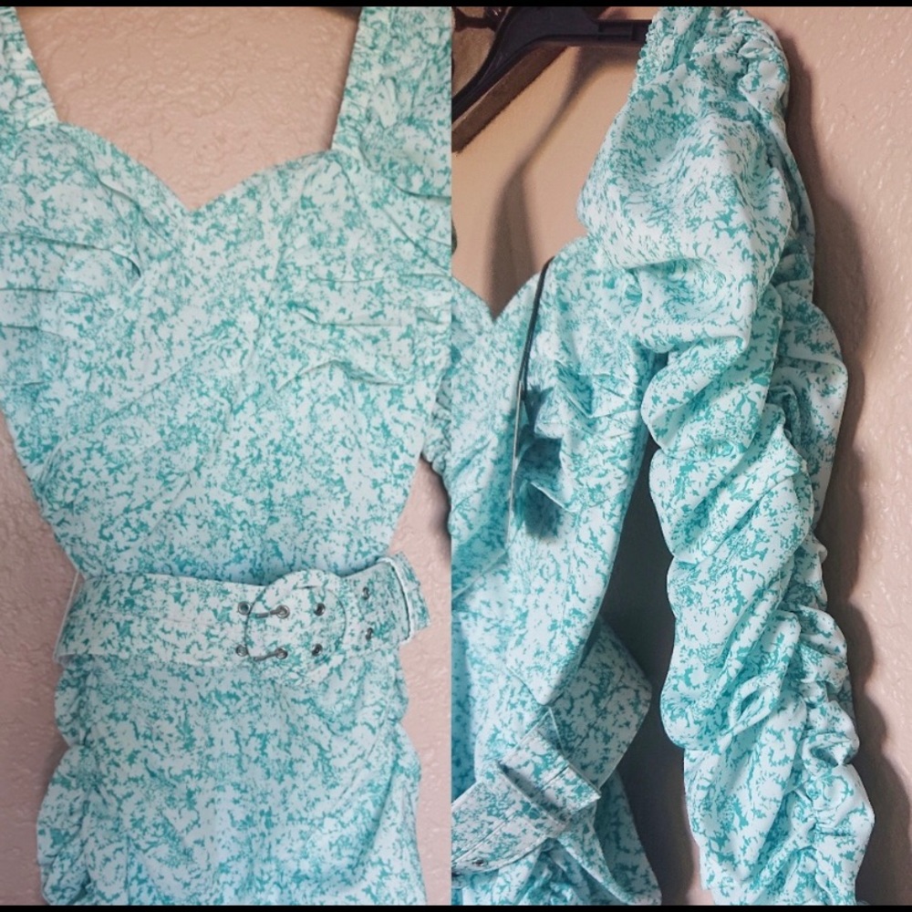 NICHOLAS Crossover Gathered Dress Aqua Floral sz 0 - Picture 7 of 11